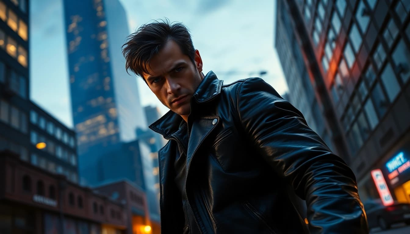Heroic figure in an urban setting evokes excitement Like Reacher in an action-packed narrative