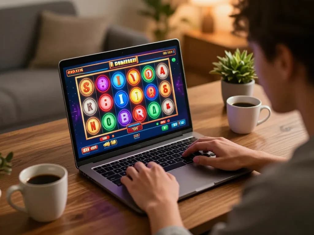 EE88 player spinning slots on laptop at home, showcasing online gaming excitement.
