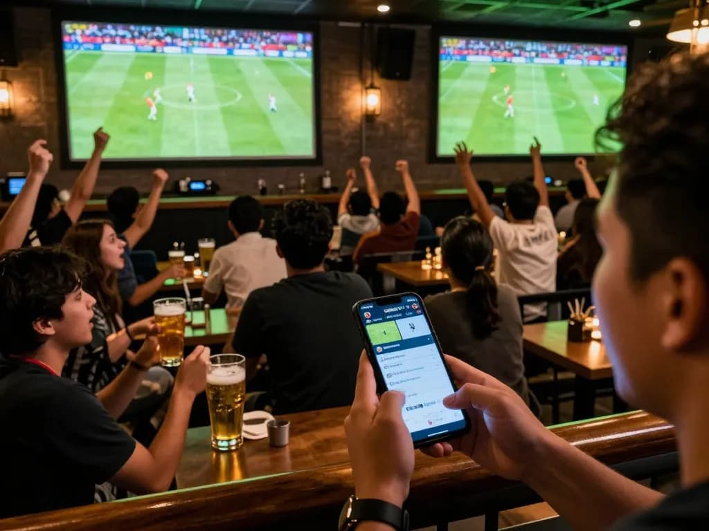 Xoilac TV enables live soccer betting while fans cheer for their teams in an exciting sports bar.