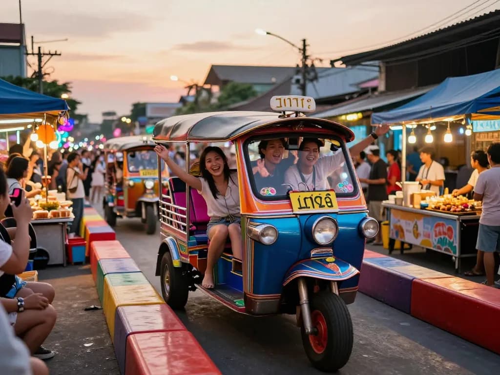 Tuk tuk obstacle challenge in Thailand with participants navigating through colorful barriers and cheering crowds.