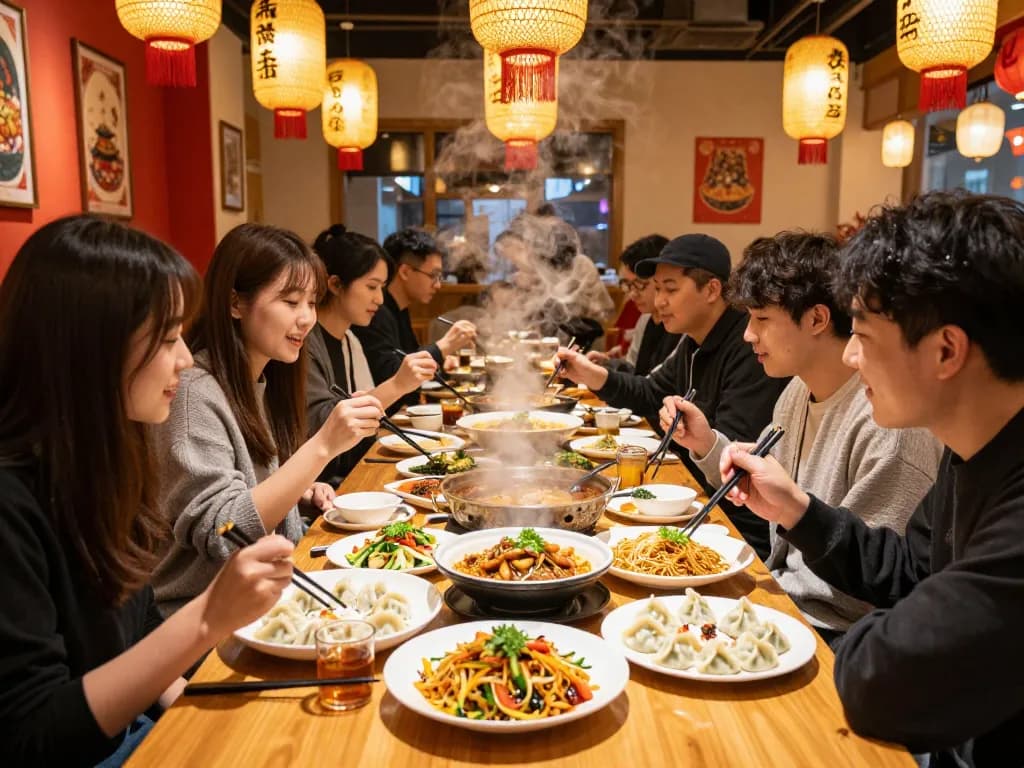 Friends enjoying a lively dinner at Chamber Red Chinese Bistro featuring 88Pulsa dishes.