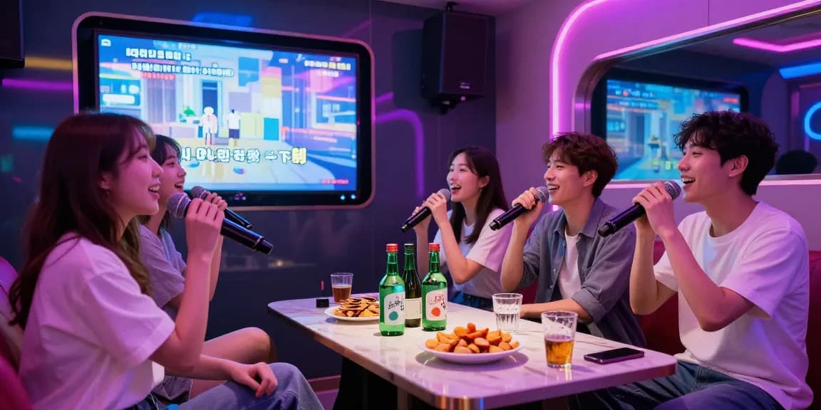 강남가라오케에서 즐거운 시간을 보내는 젊은 그룹의 모습, 화려한 조명과 노래 가사가 있는 화면이 특징인 분위기