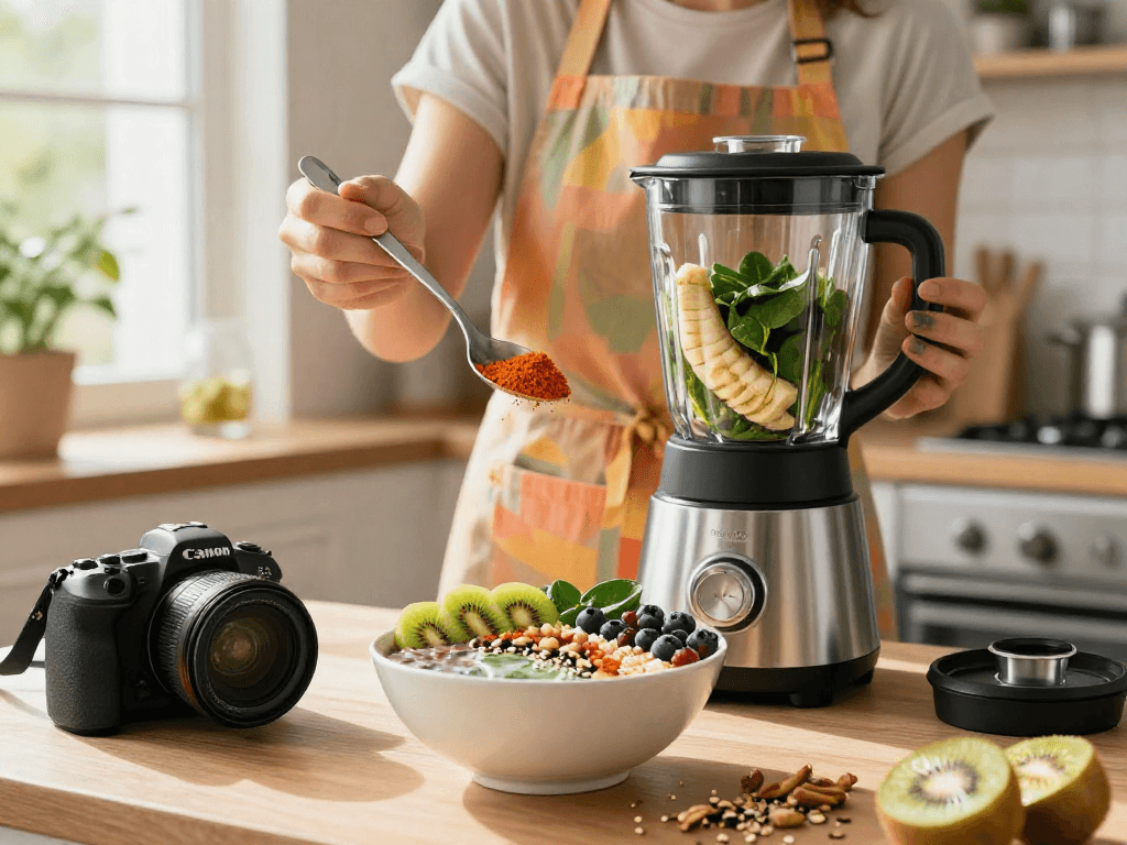 Healthy individual preparing a vegan astaxanthin supplement smoothie bowl in a sunlit kitchen.