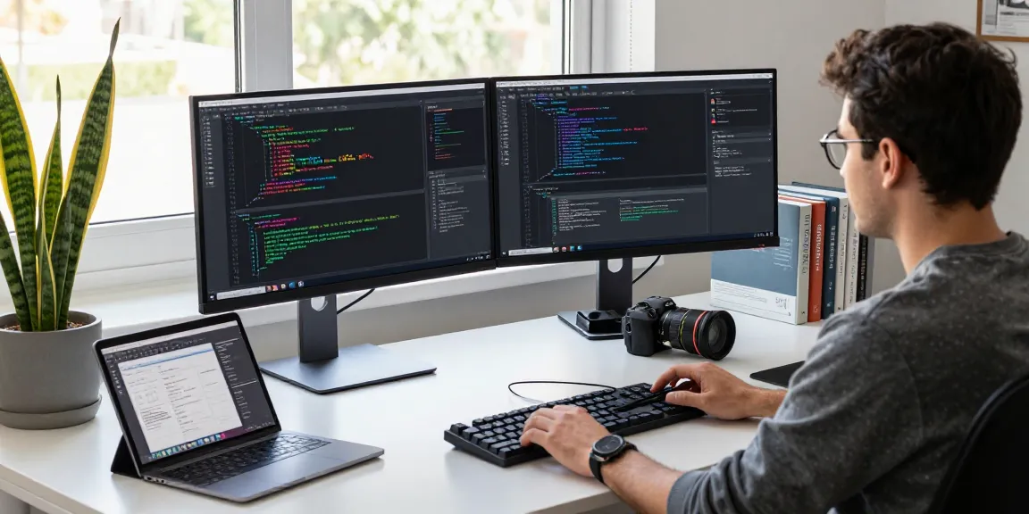 Developer focused on coding in a modern tech workspace, illustrating WhatsApp下載 software development.