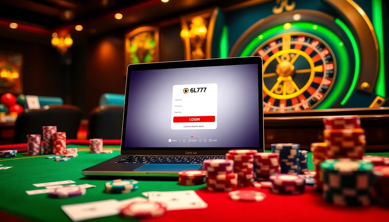 Engage with the 6L777 Login interface amidst a luxurious casino layout featuring vibrant chips and cards.