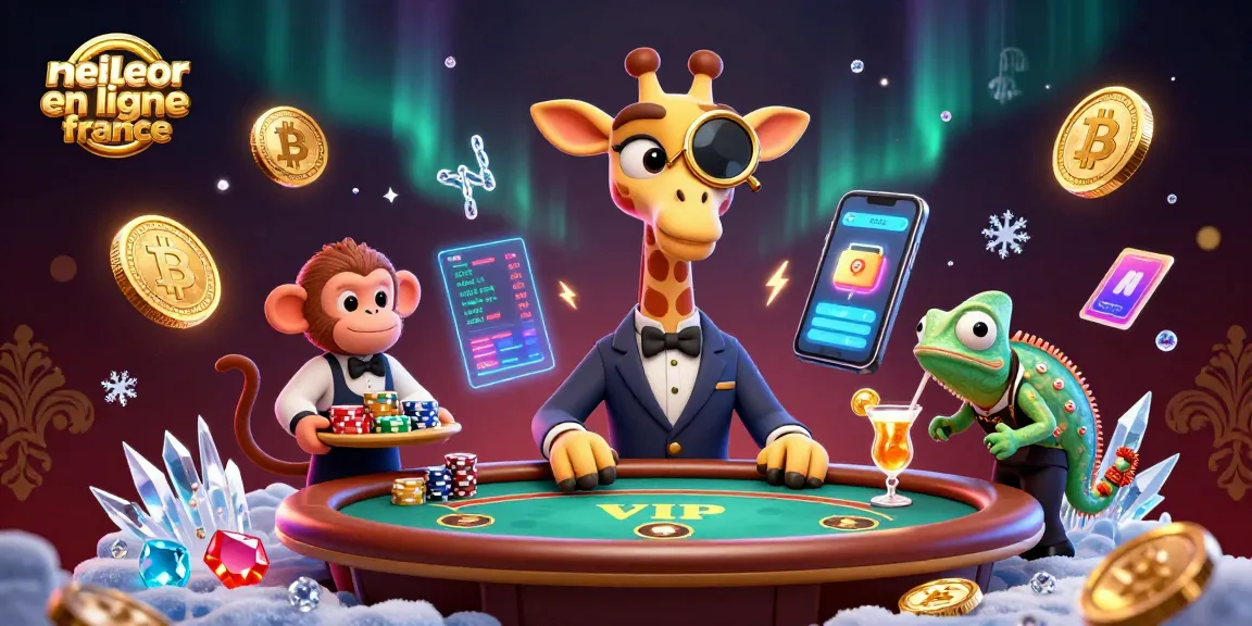 Illustration d'un meilleur casino en ligne France avec une girafe joueur, un valet singe et un barman caméléon.