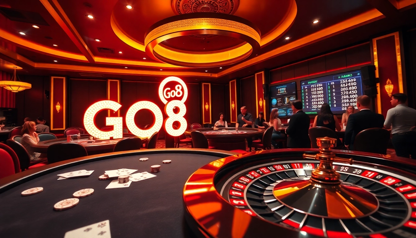 Experience the thrill of GO8 gaming with a luxurious casino scene featuring poker and roulette.