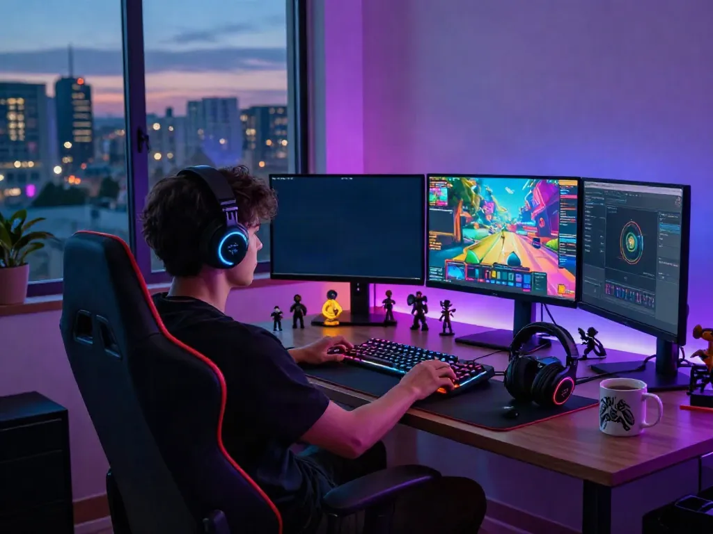 Dynamic gaming setup showcasing ORION88 with dual monitors and RGB lighting in a modern home office.