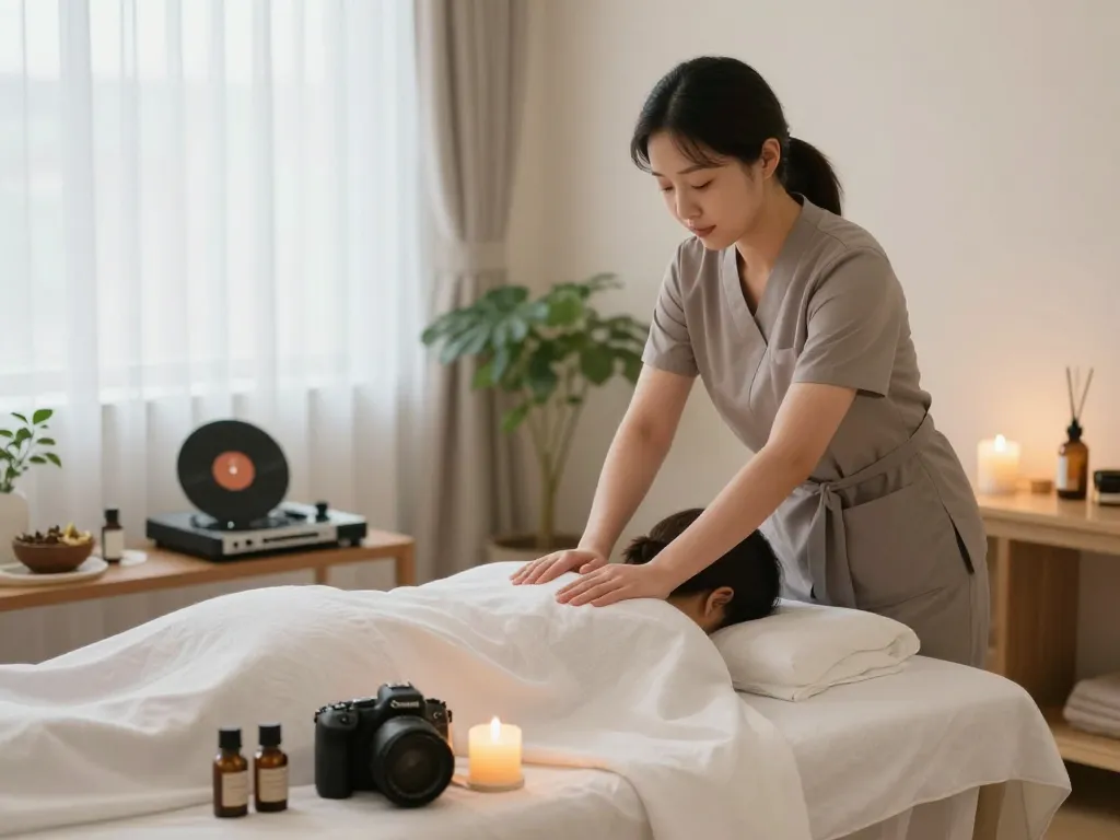 편안한 분위기와 아로마 요소가 가미된 논현동마사지 치료사를 보여주는 휴식 마사지 장면.
