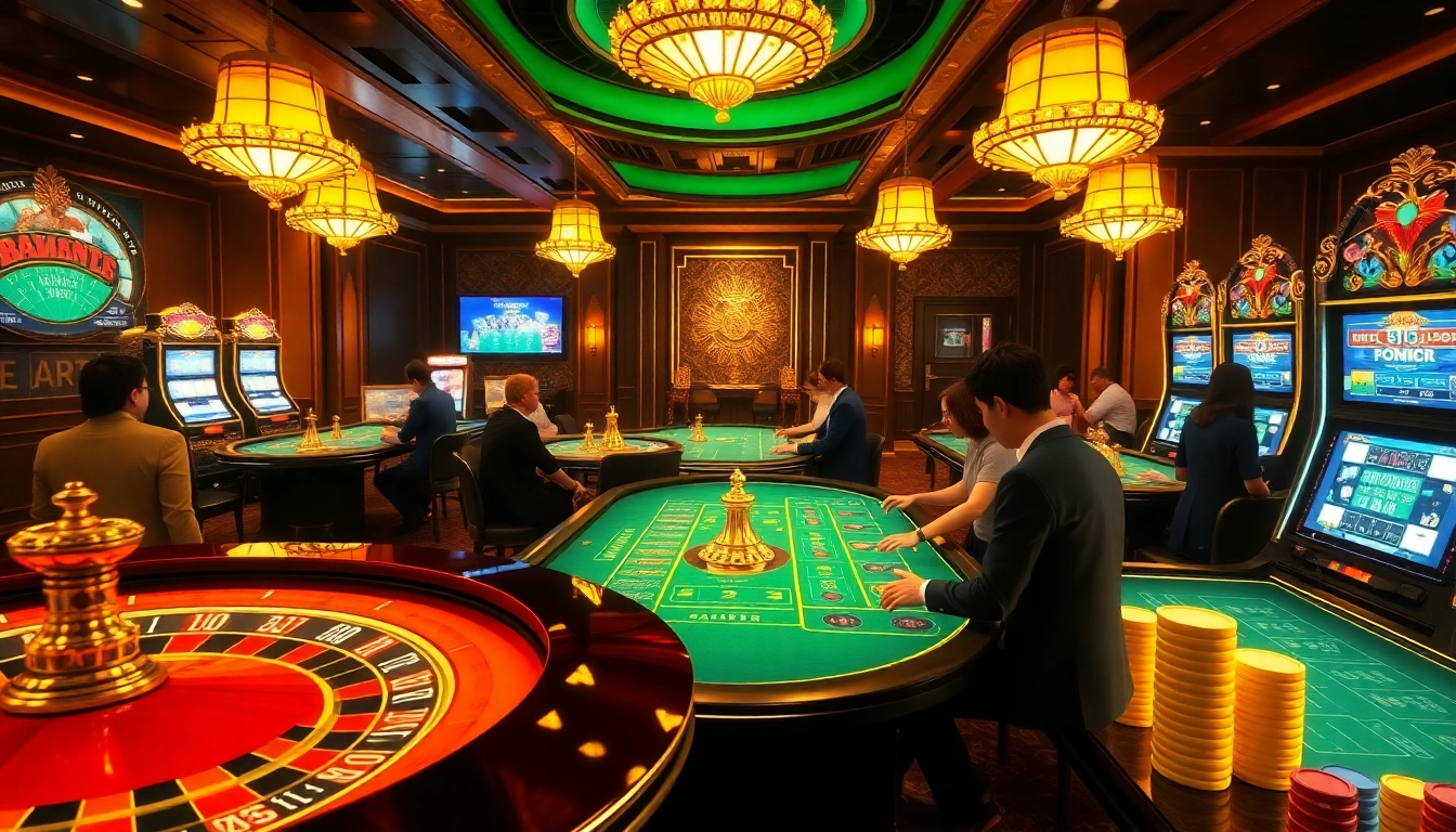 Engage in the excitement of Tool xổ số siêu tốc with vibrant casino visuals portraying roulette and slot machines.