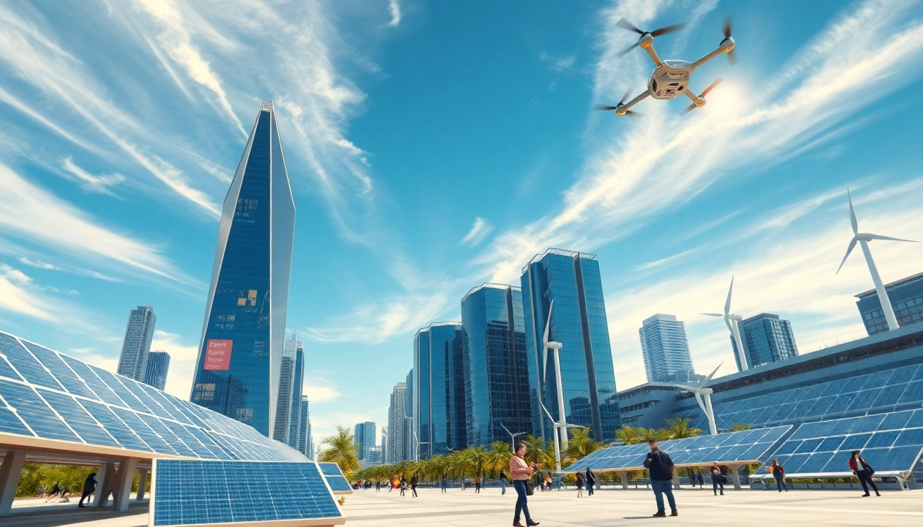Showcasing futuristic Technology in a vibrant city with innovative architecture and solar panels.