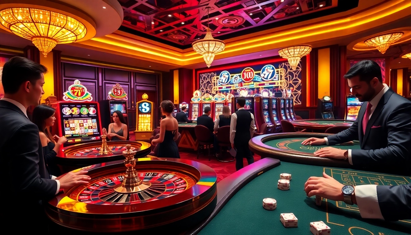 Players enjoying a vibrant RR88 casino experience with roulette and poker games.