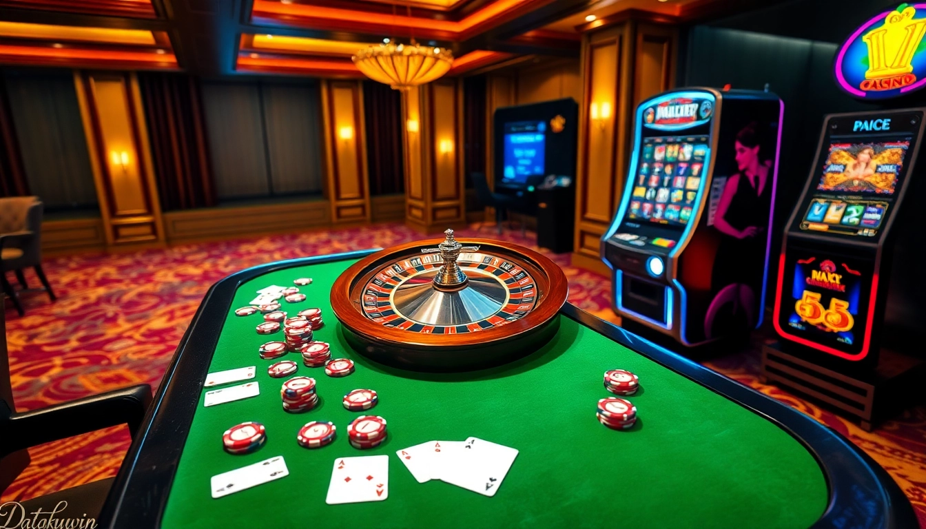 Adegan kasino yang menarik yang menampilkan datukwin dengan roda roulette, chip poker, dan kegembiraan mesin slot.