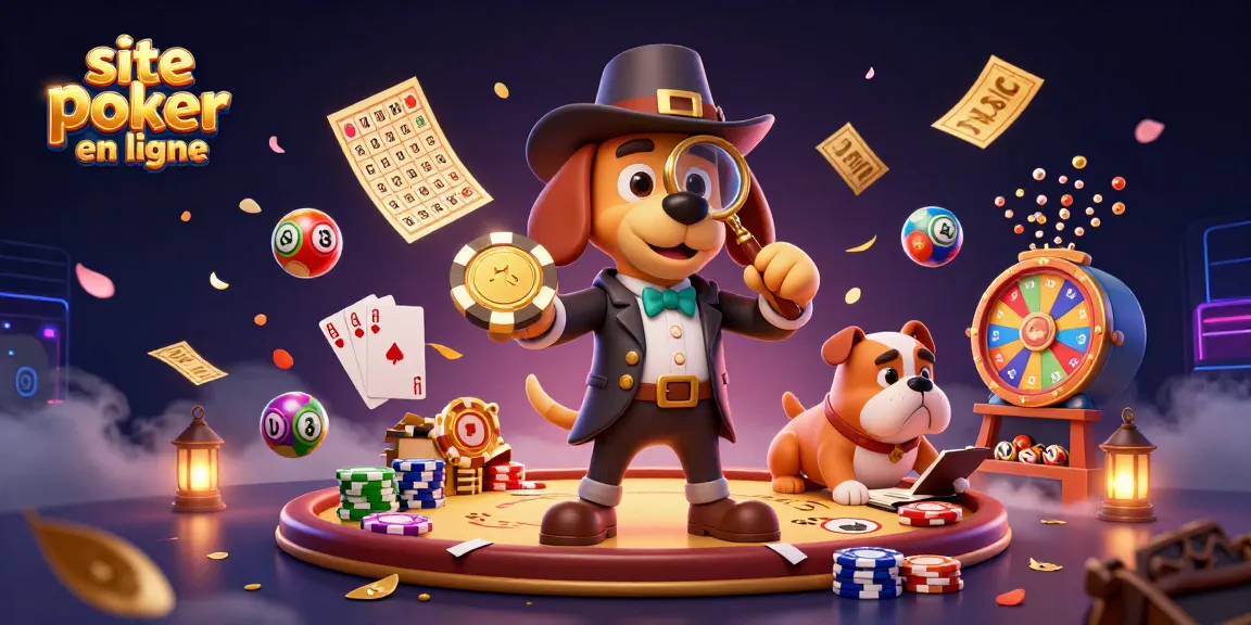 Jouer sur un site poker en ligne avec des éléments de poker autour d’un détective inspectant un jeton doré.