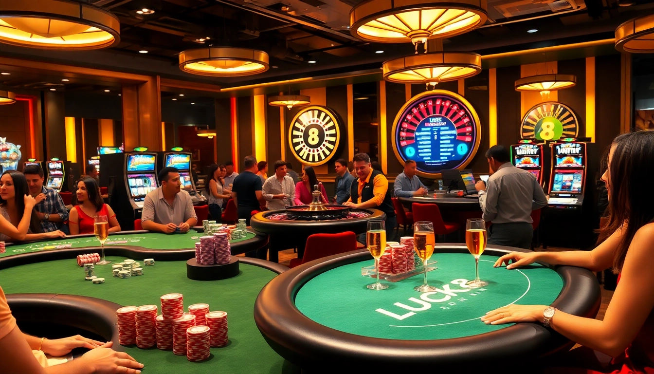 LUCK8 branded casino atmosphere showcasing active players at poker tables and slot machines.