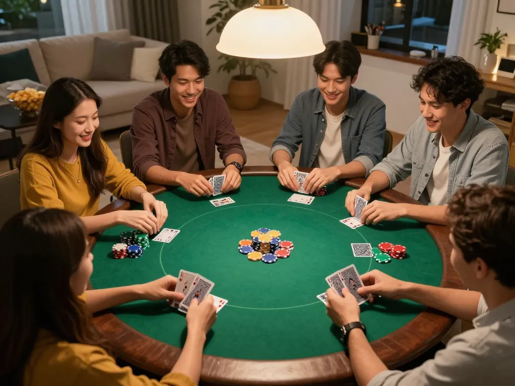 Friends enjoying a lively poker game at home, showcasing excitement and strategy with KK55.