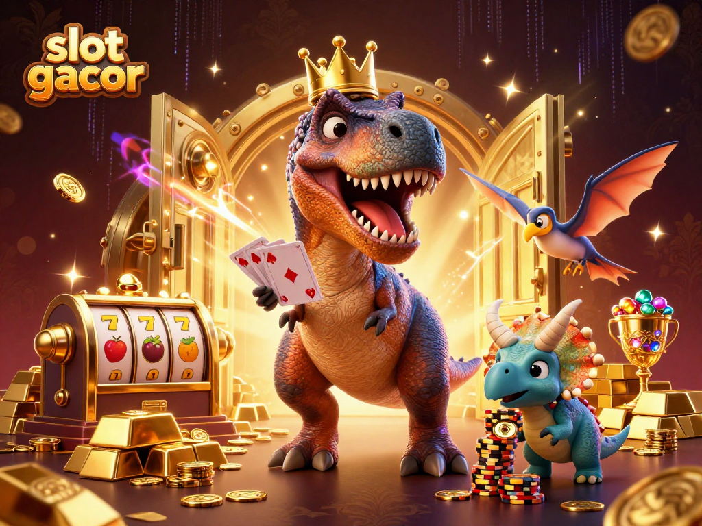 Gambarkan slot gacor dengan kucing dinosaurus bermain kartu dan menumpuk chip emas.