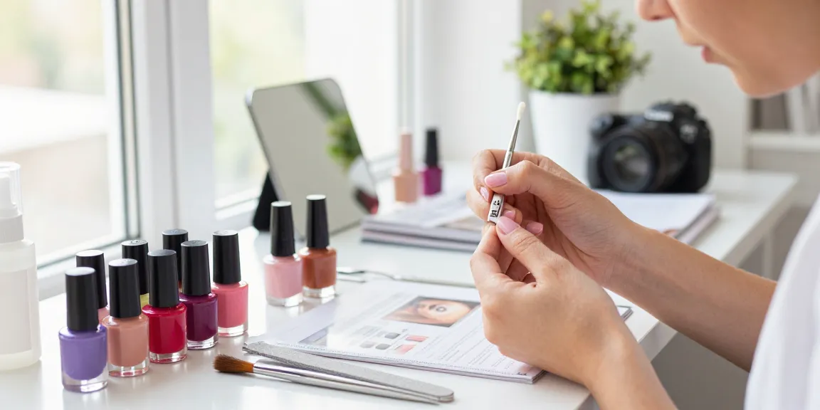 Aplicarea ojei semipermanente profesionale într-un studio modern de beauty cu instrumente vibrante și lumină naturală.