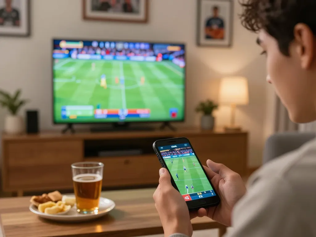 Engaging in live betting on smartphone while enjoying sports at home, Trang Chủ OKFUN offers thrilling gaming.