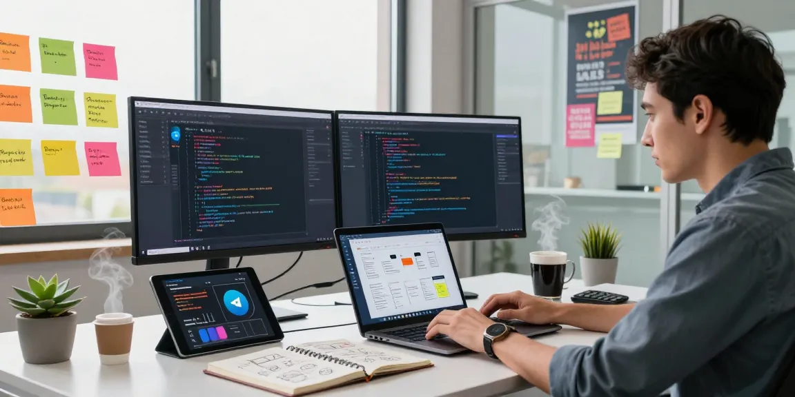 Showcasing 纸飞机下载 in a vibrant tech workspace with developer, multiple screens, and creative elements.