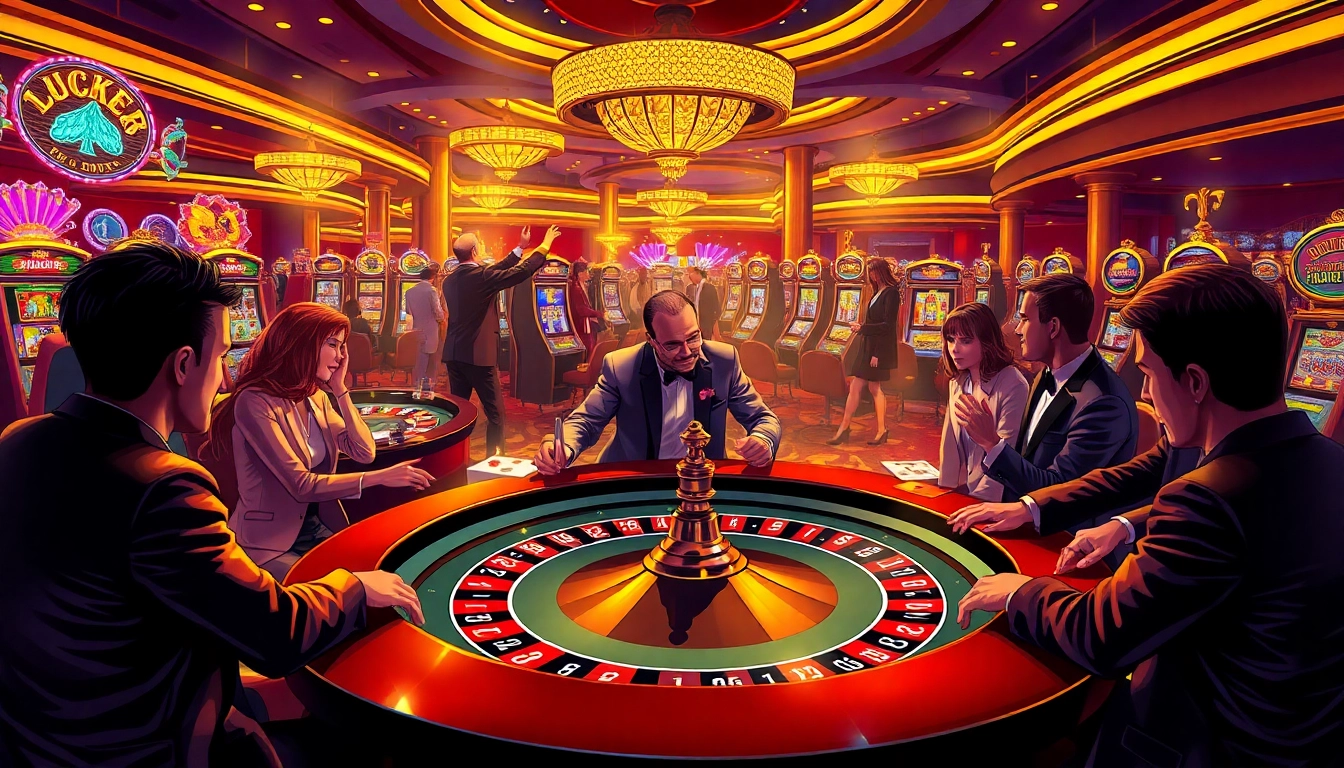 Người chơi LUCK8 và LUCKY8 ăn mừng chiến thắng tại bàn roulette casino sang trọng.