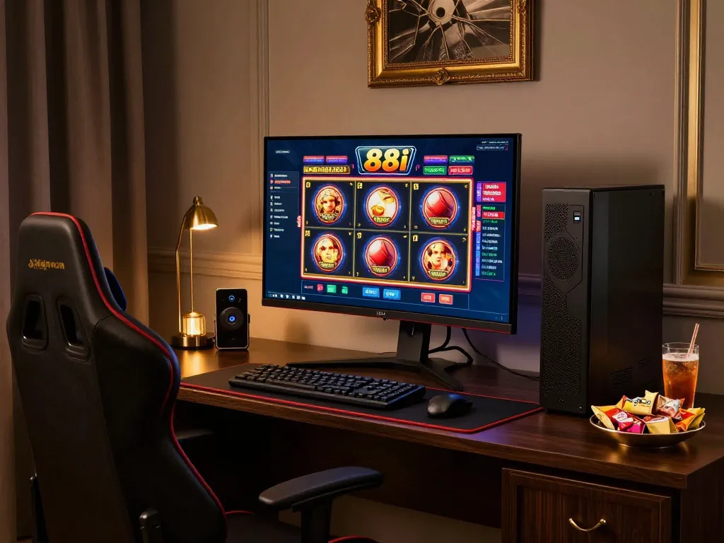 Engage with the thrilling 88i slot game on a stylish gaming setup, showcasing strategic online gambling.