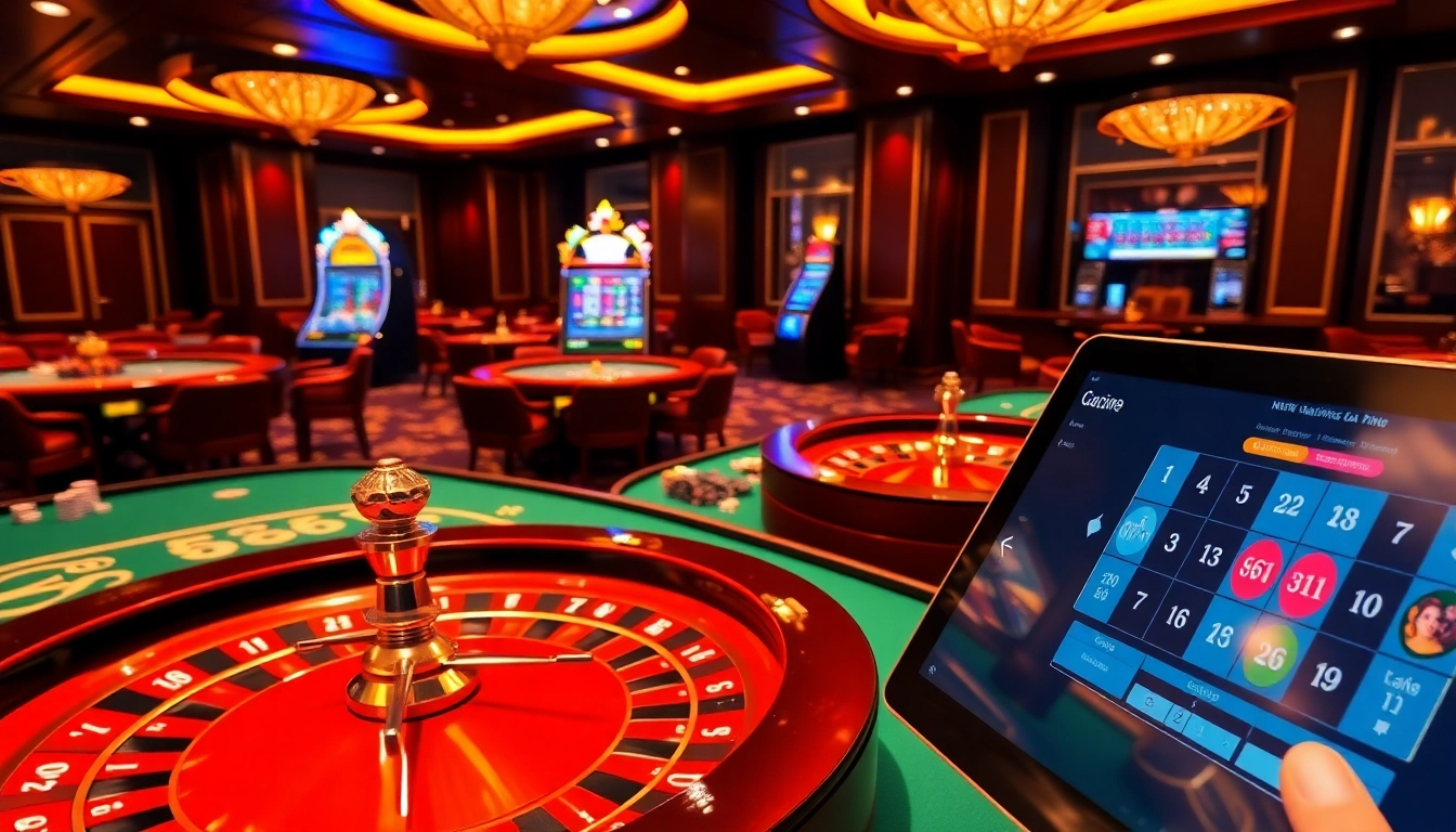 Engaging scene of players enjoying exciting gambling at https://nk88.sa.com/ casino tables and slot machines.