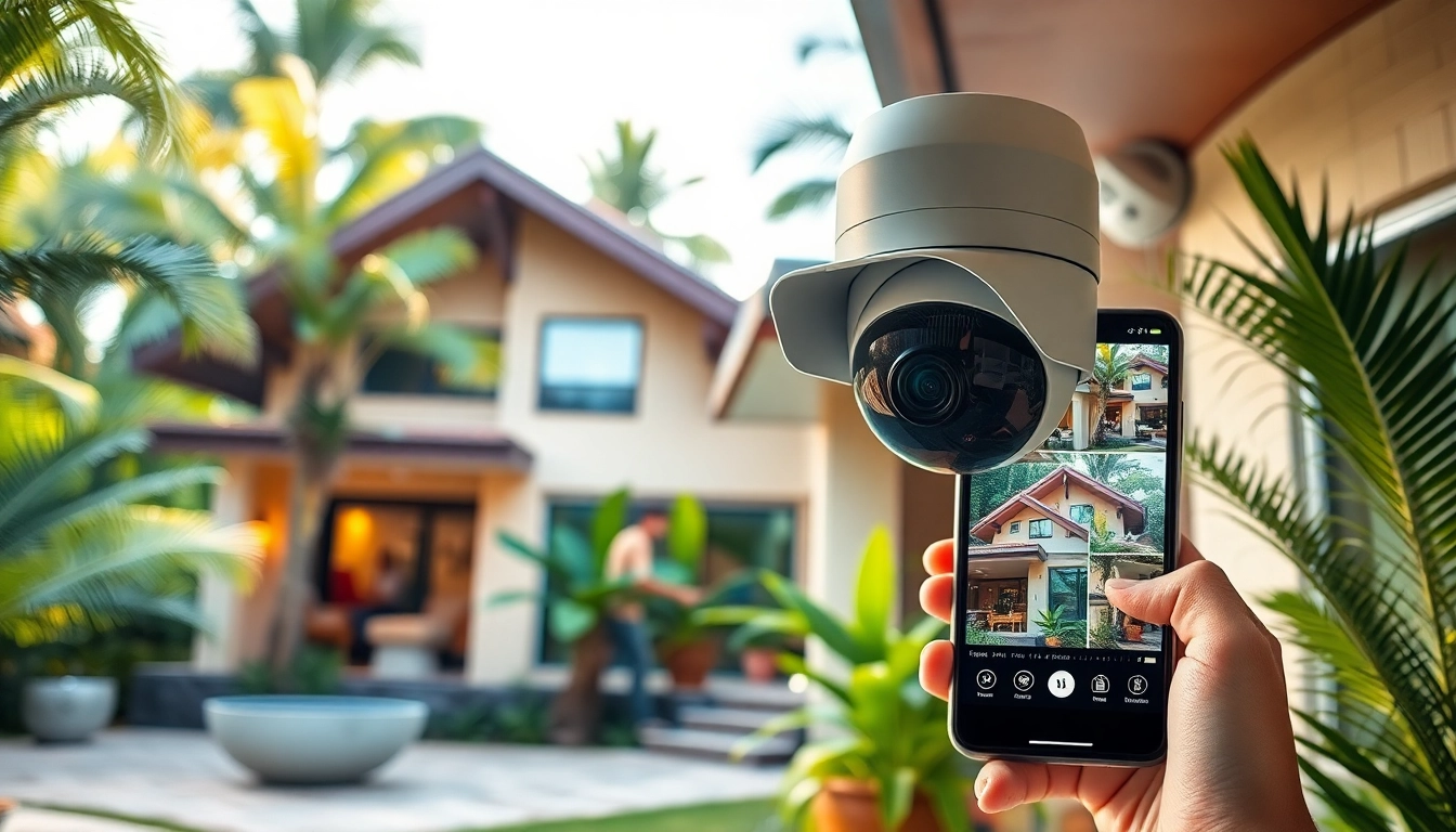 Cámaras de seguridad avanzadas instaladas en un jardín vibrante de una casa costarricense para mayor seguridad.