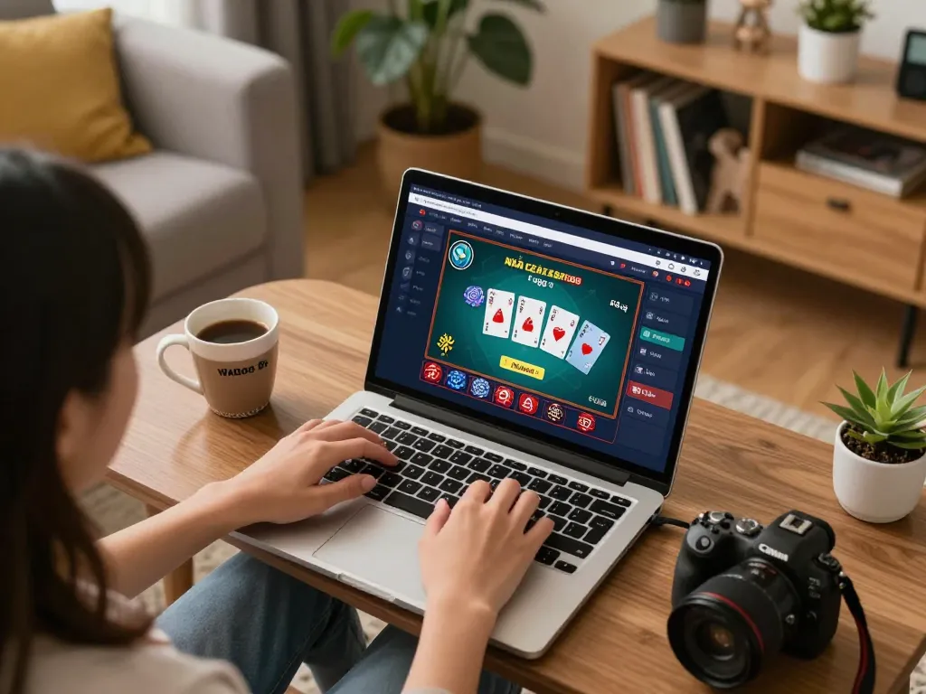 Engaged player enjoying dynamic online gaming with Nhà Cái FB88 on a cozy laptop setup amidst comfortable surroundings.