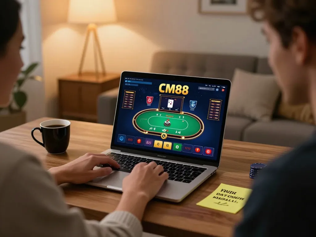 Engaging in online poker at CM88 casino platform while enjoying a cozy home environment
