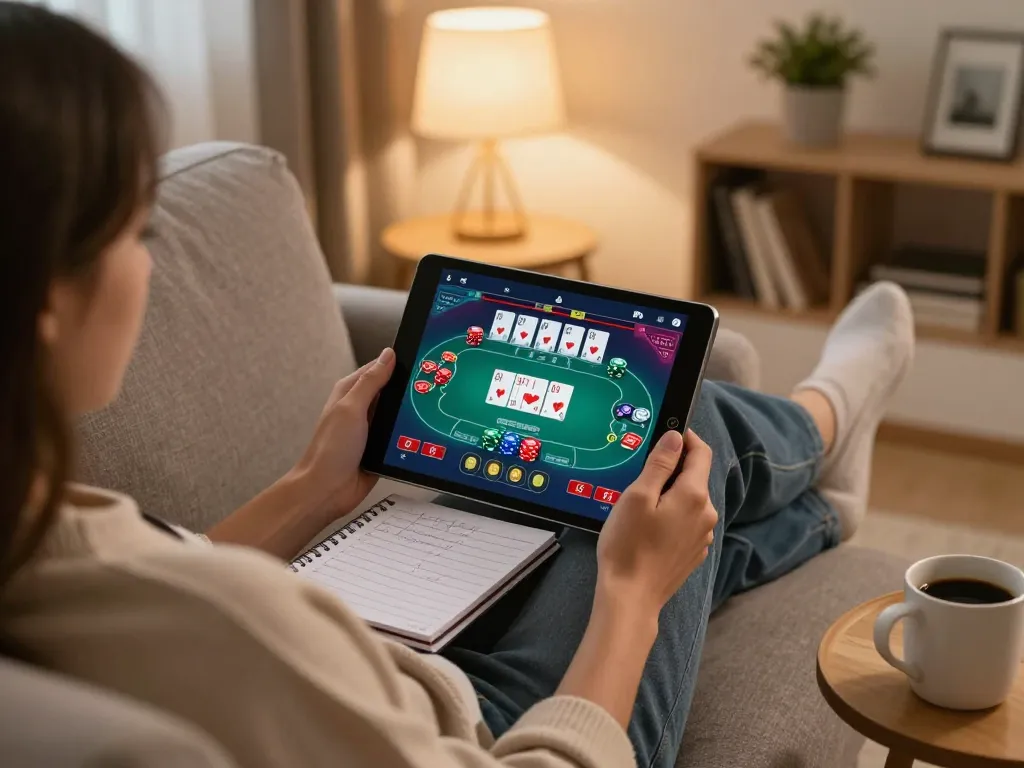 Engaging in online poker at home with dn88 on tablet featuring betting and strategy.