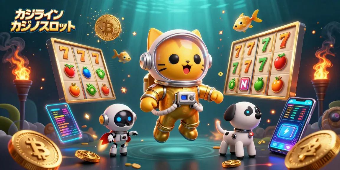オンラインカジノスロットのスロットリールと宇宙のキャラクターが浮かぶ幻想的なシーン