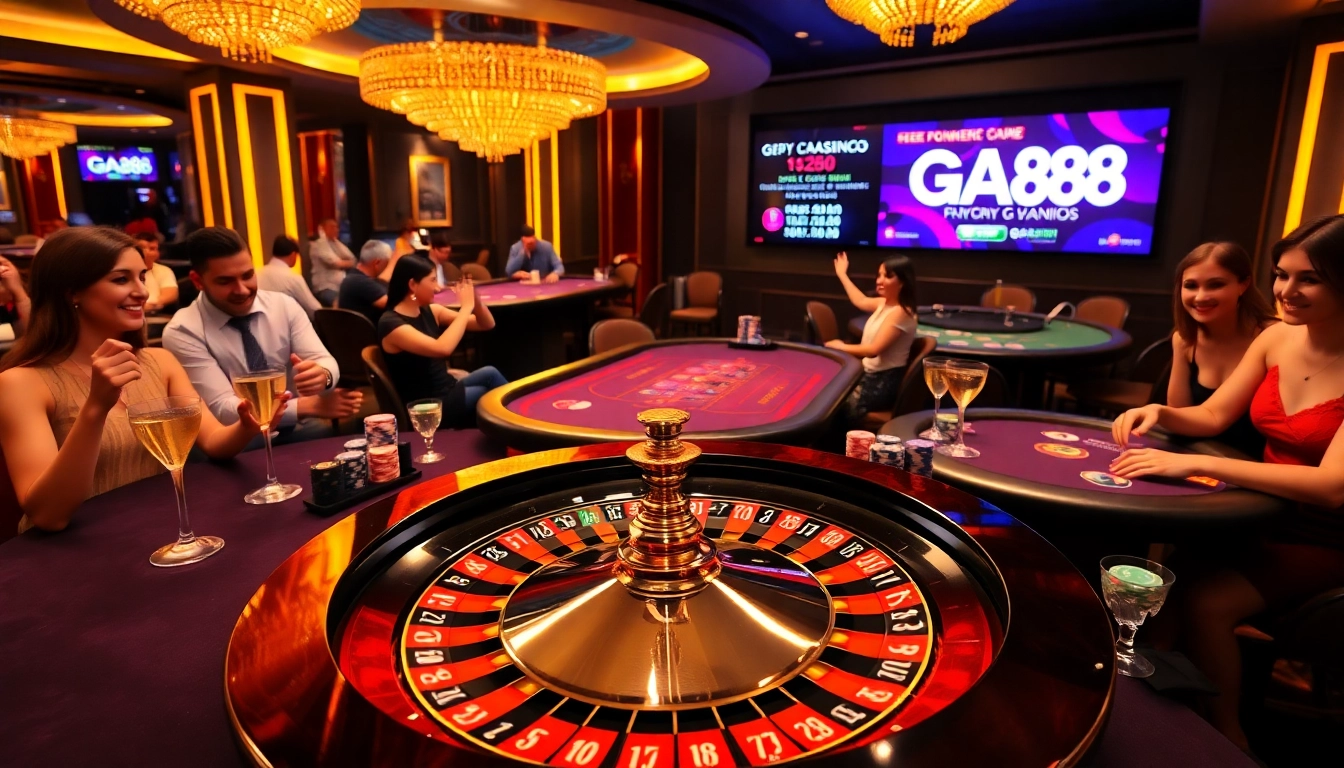 GA888 enthusiasts placing bets at luxurious casino tables featuring roulette and poker games.
