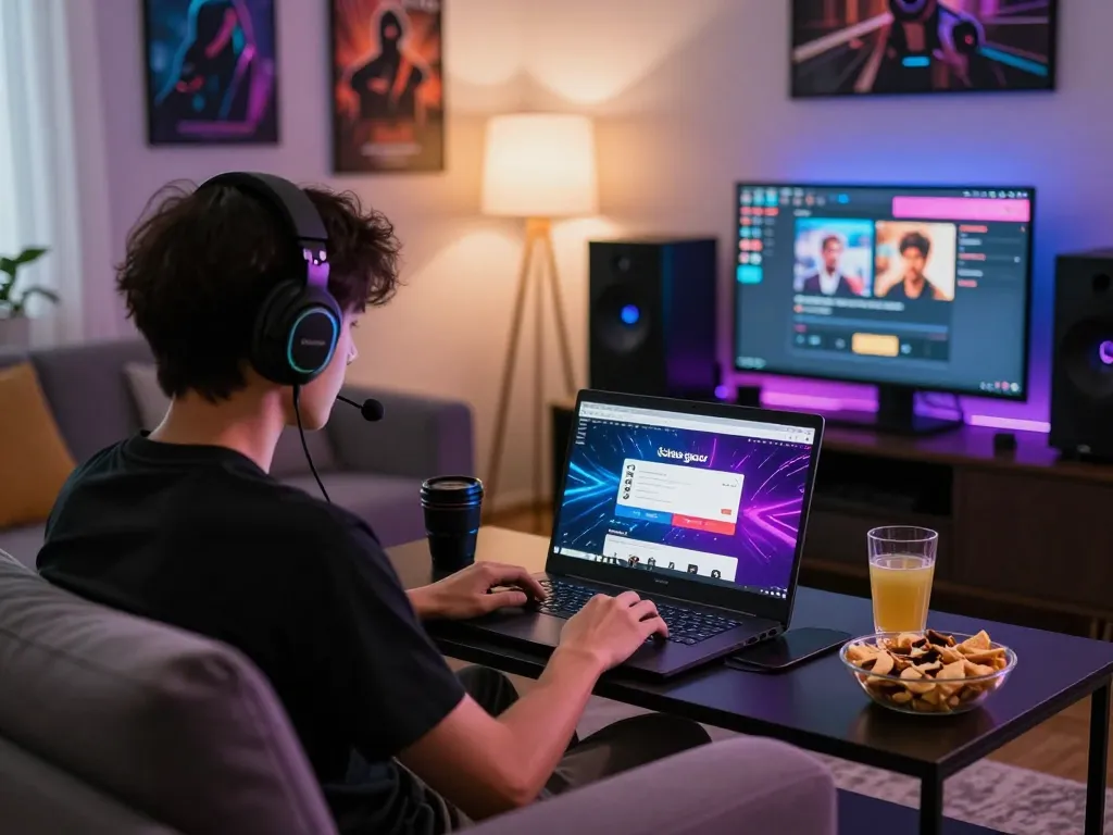 Gamer menikmati situs gacor di laptop dalam suasana ruang tamu yang cerah dengan camilan dan lampu LED.