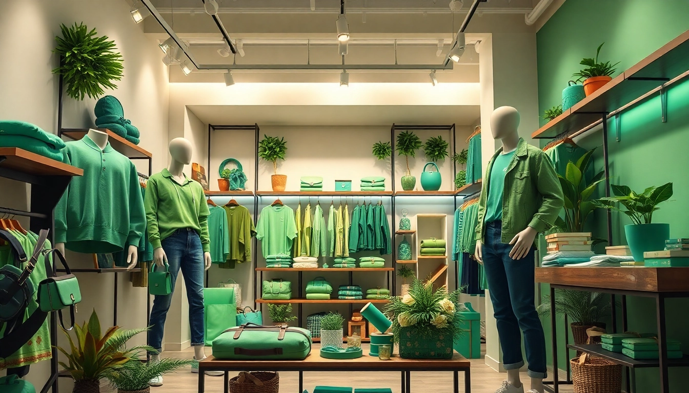 Stylish green apparel and accessories in a vibrant retail setting, showcasing BOTOL169 color.