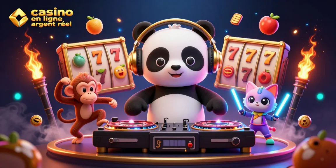 Illustrez l'expérience excitante d'un casino en ligne argent réel avec un panda DJ et des jeux de machines à sous.