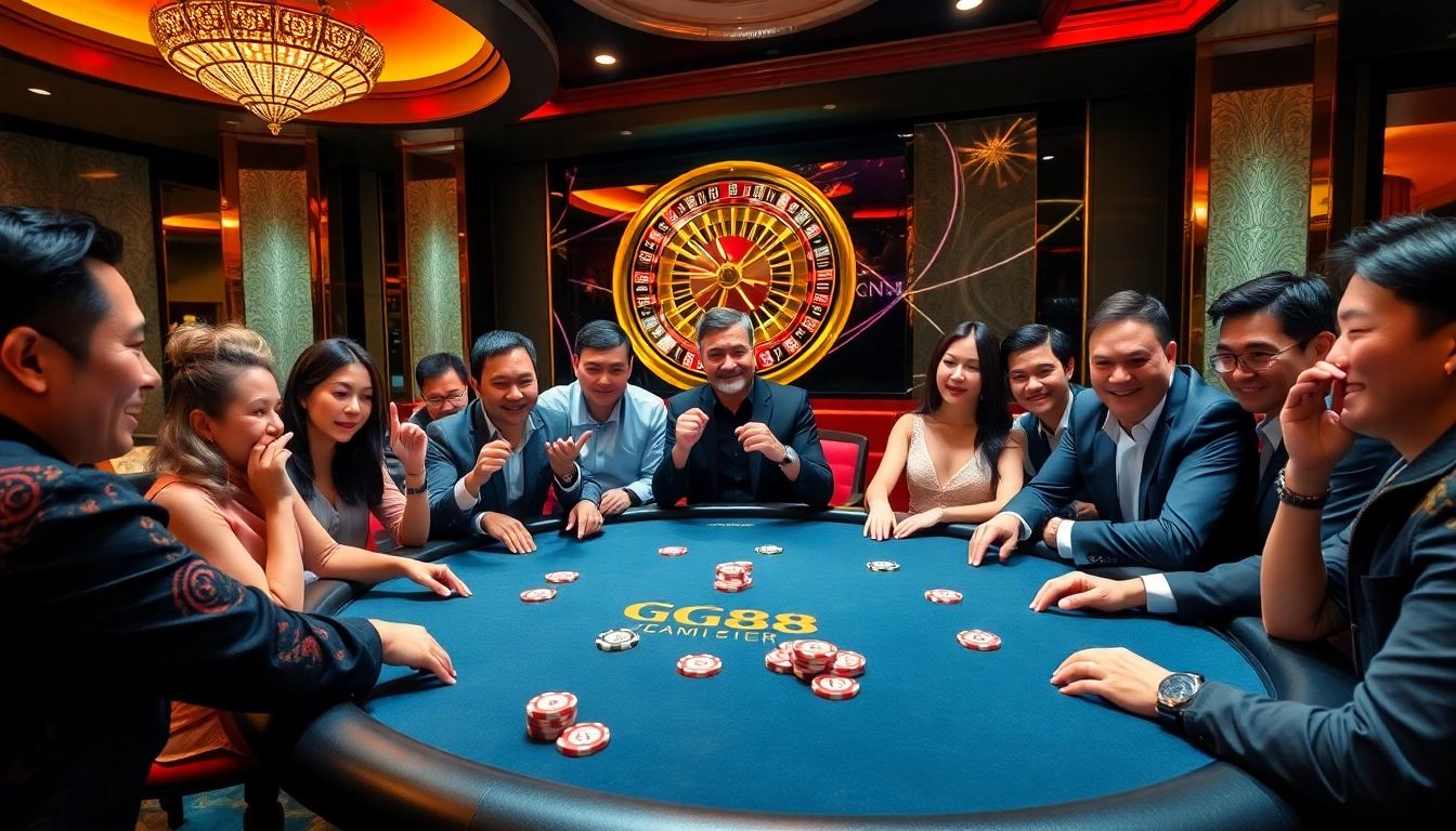 Excited players engage in a live dealer game at GG88 casino, showcasing vibrant poker chips and roulette.