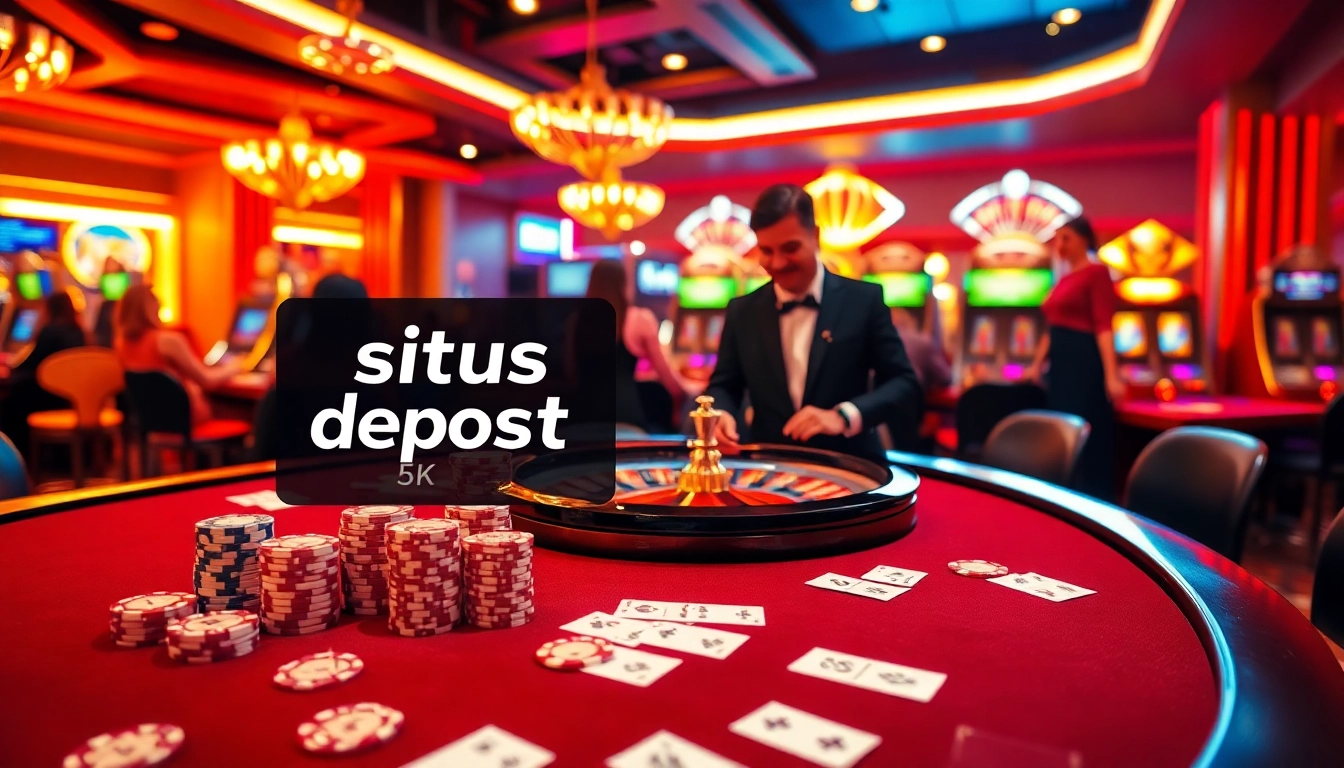 Exciting casino scene illustrating situs deposit 5k with roulette wheel and poker chips.