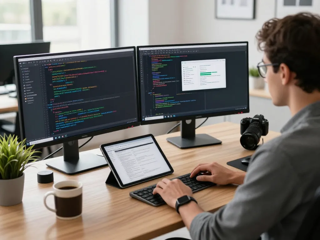 Developer showcasing features of 谷歌浏览器 in a modern tech workspace filled with coding tools and gadgets.