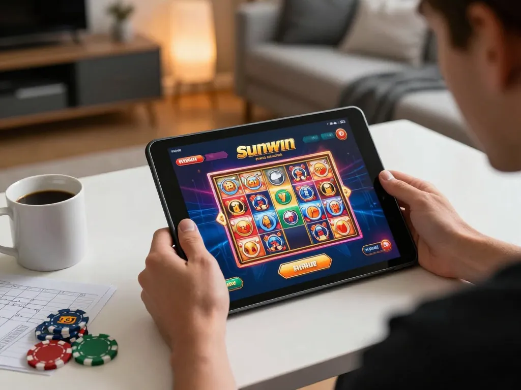 Engaging moment of a player enjoying Sunwin mobile gaming experience with strategy notes and colored graphics.