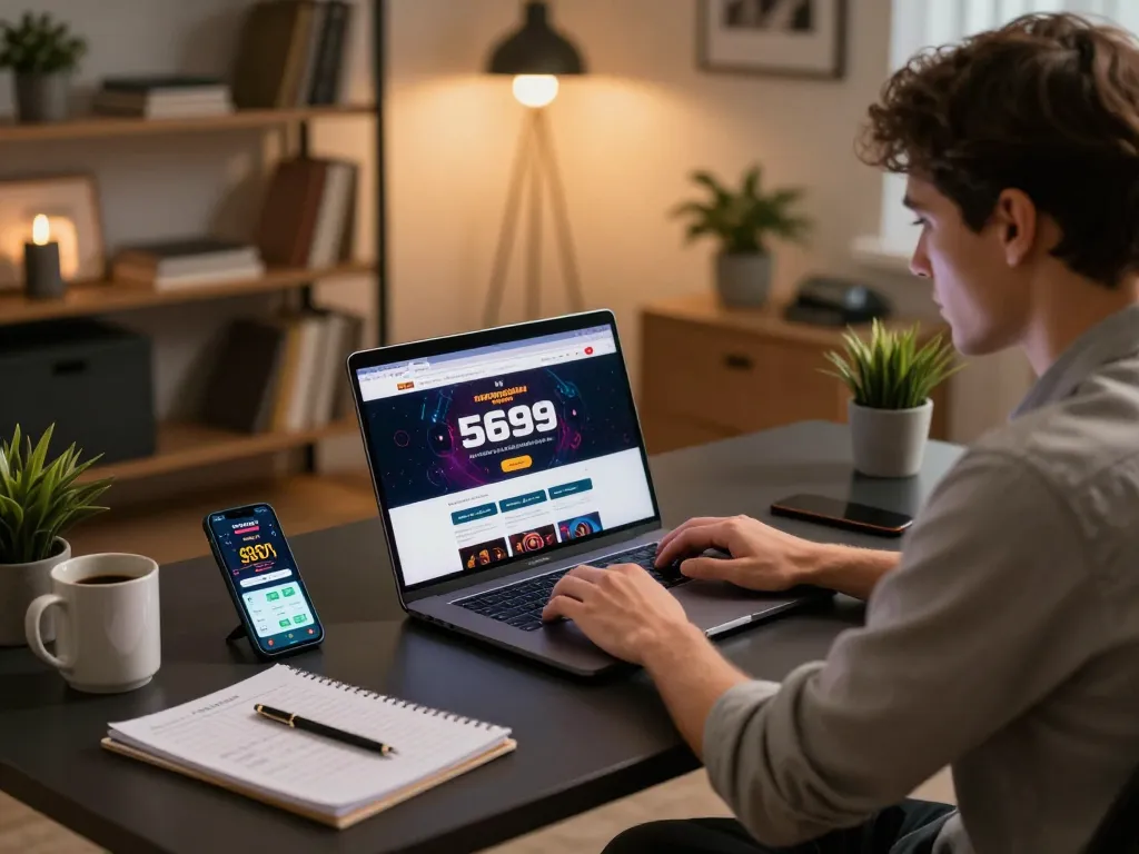 Engaging in strategic online gambling at 5699 casino site, person analyzing betting options on laptop.