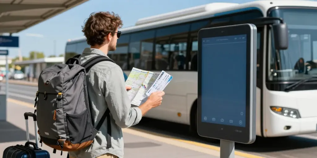 Transport persoane Moldova Europa la o stație de autobuz, călător pregătit pentru o aventură.
