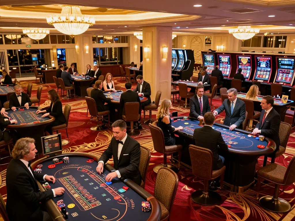 8xbet visitors enjoying upscale gaming experience at luxurious blackjack tables in a stylish casino lobby