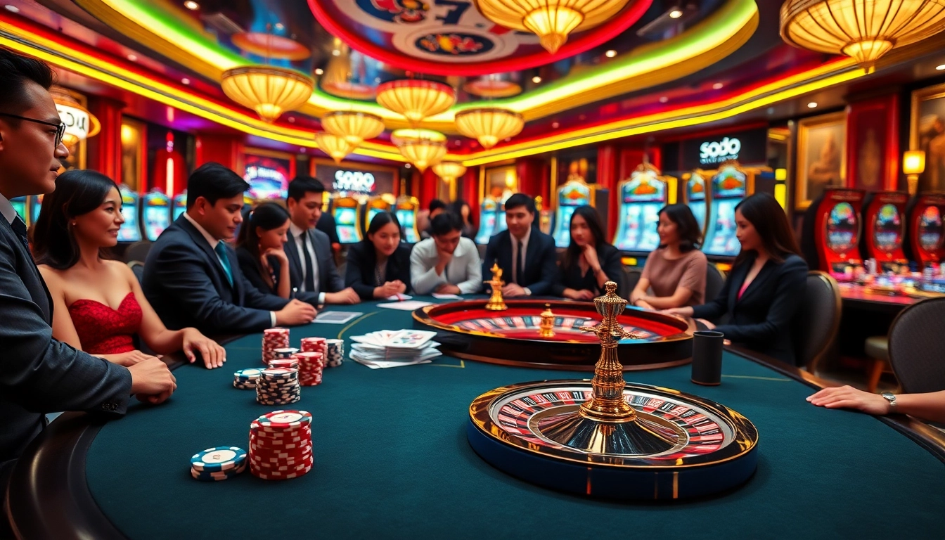 SODO CASINO lively gaming table setup featuring poker chips, cards, and roulette wheel amid vibrant ambiance.