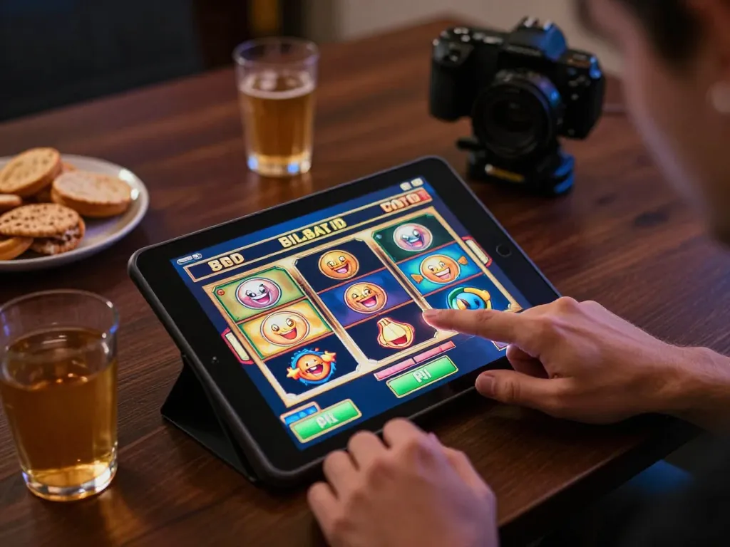 Exciting gameplay at thabet where a player spins vibrant online slot machine reels.