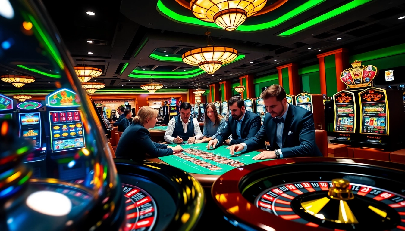 Players enjoying thrilling games at thabet casino with poker tables and bright slot machines.