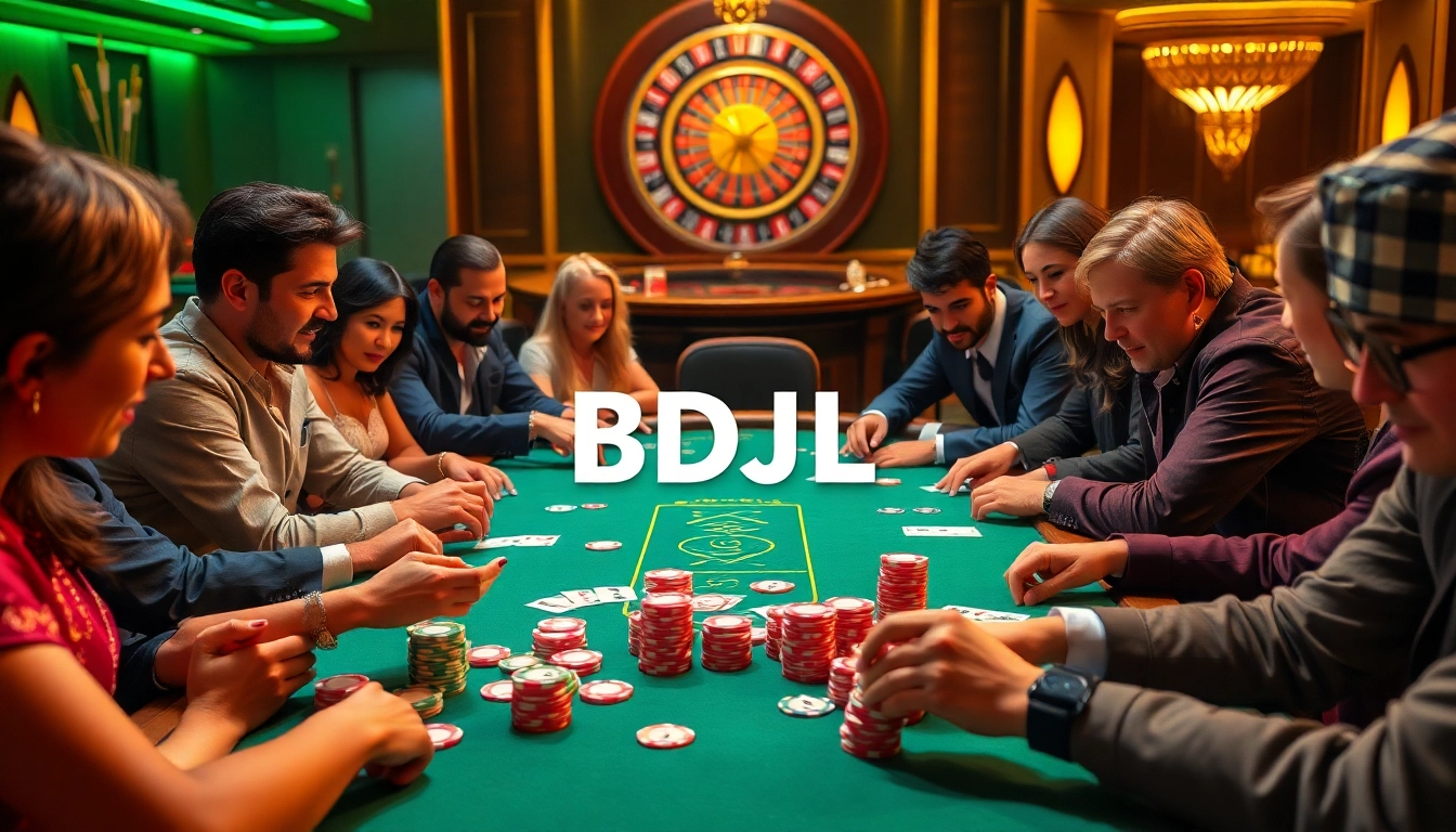 Players intensely focus on a poker game with BDJL-themed chips and cards at a luxurious casino table.