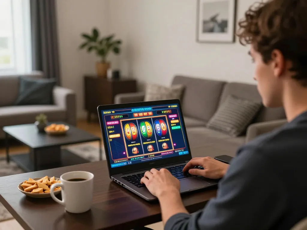 Player engaging with sites not on gamstop while enjoying an online casino experience on a laptop.