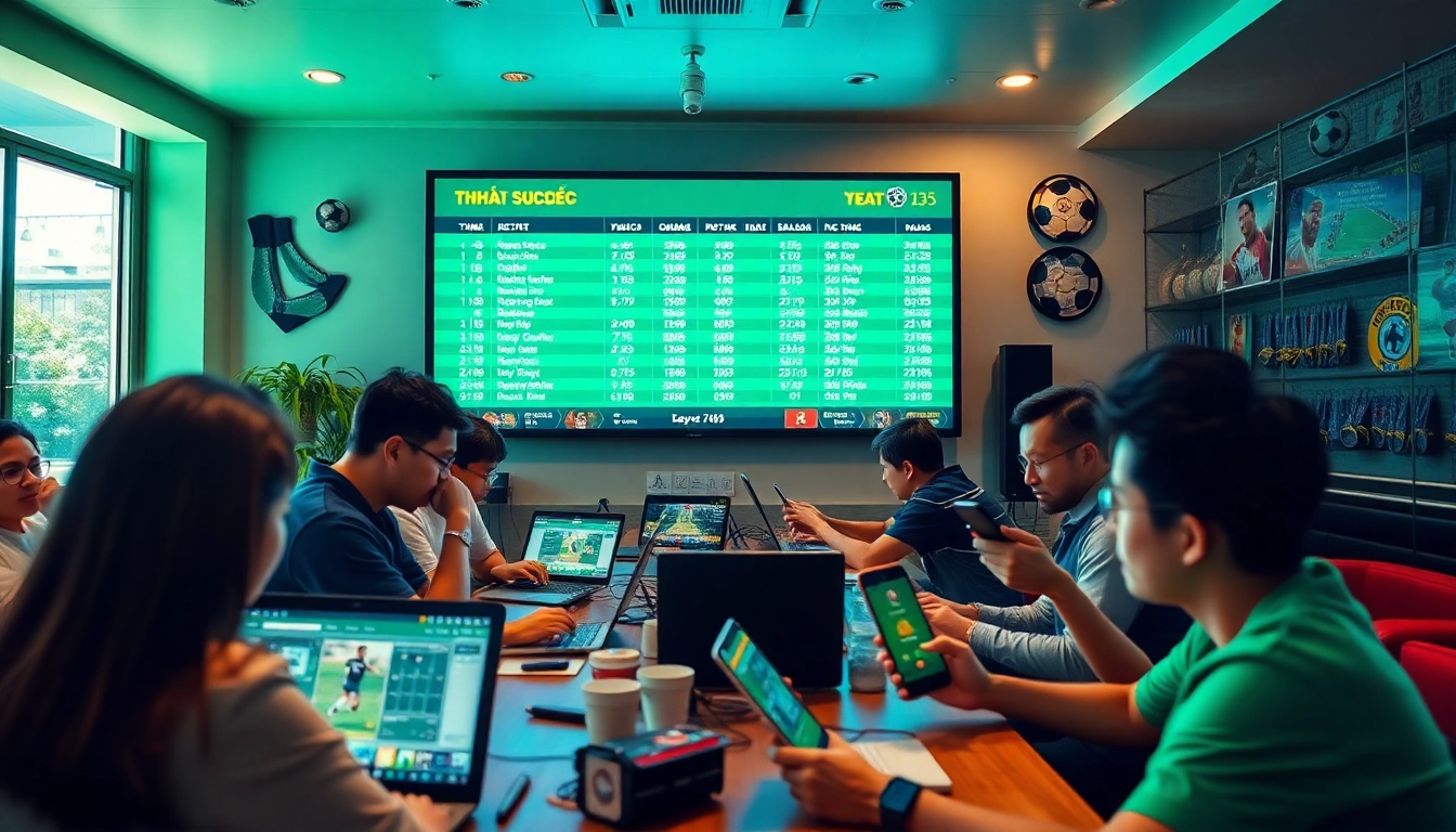 Real-time tỷ lệ kèo for football matches displayed in a lively sports betting environment.