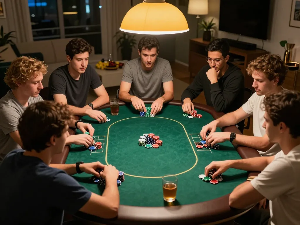 Players engaged in an exciting home poker game, showcasing the da88 brand in a friendly competition environment.